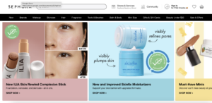 Sephora's homepage is an ecommerce site that uses an SEO strategy of displaying links to high-priority product pages.